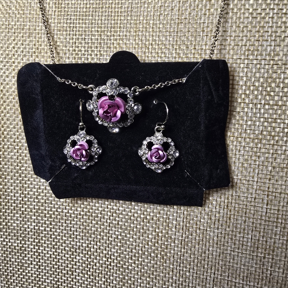 Vintage Avon Pink Rose with Rhinestone Necklace and Earrings
